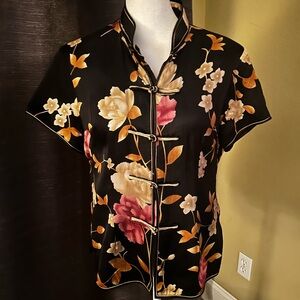 Black Floral Mandarin Collar Button-Up Top